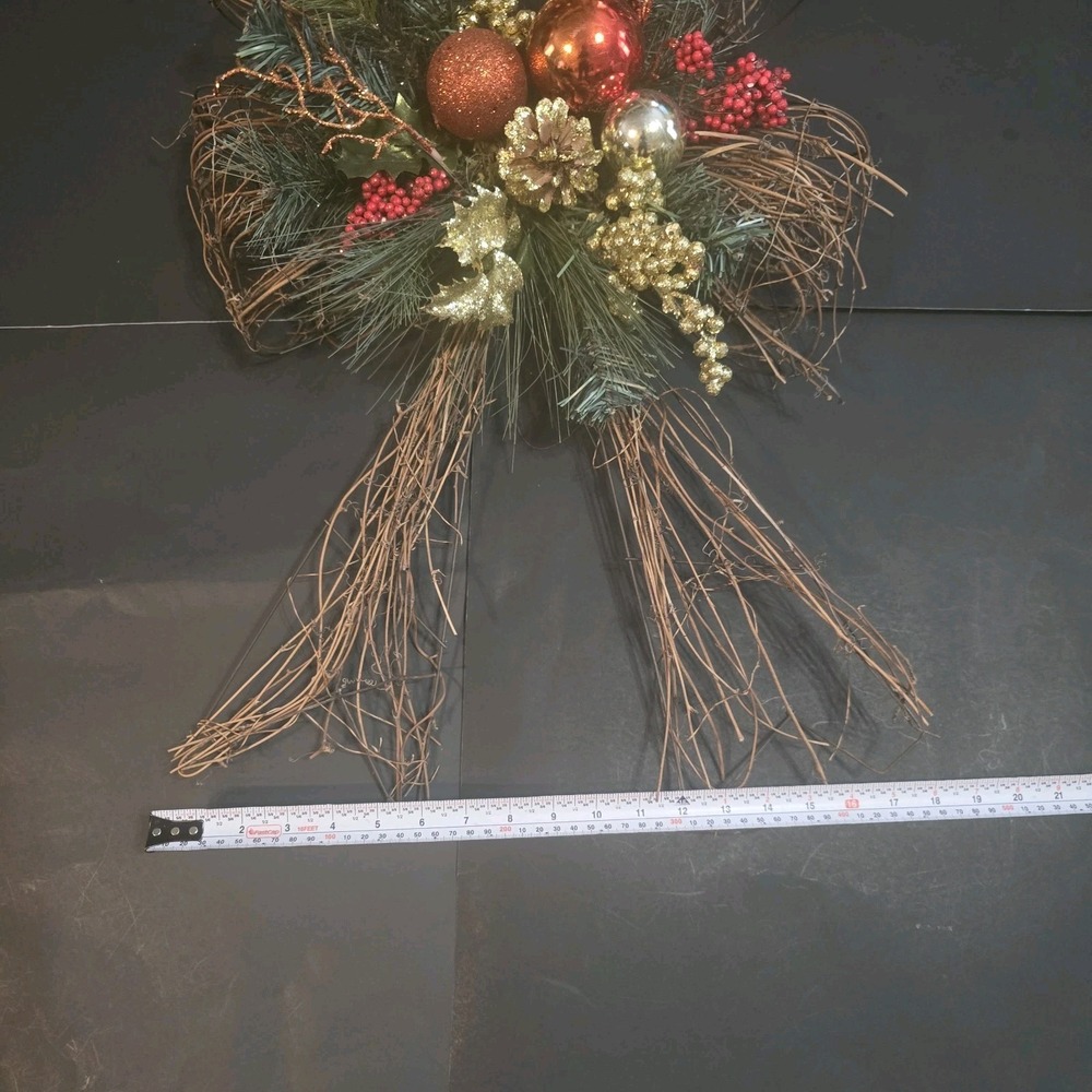 Rustic Twig Christmas Bow Ornament Holiday Decor Red Glitter Orbs Pine Branches - Picture 6 of 6
